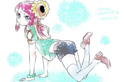 Rule 34 | 1girl, 2017, all fours, aqua shirt, ass, black shorts, bracelet, brown shoes, character request, copyright request, dated, flat ass, flat chest, flower, hair flower, hair ornament, jewelry, loafers, long hair, looking at viewer, nekokurage (gen&#039;eikai tsuushin), pale skin, petite, ponytail, shirt, shoes, short sleeves, shorts, solo, sunflower, thighhighs, white thighhighs