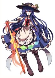 Rule 34 | 1girl, apron, black hat, blue hair, blue skirt, boots, bow, bowtie, brown boots, buttons, center frills, collared shirt, commentary, frilled apron, frilled shirt collar, frilled skirt, frills, full body, hair between eyes, hat, highres, hinanawi tenshi, holding, holding sword, holding weapon, knee boots, lace-up boots, leaf, long hair, looking ahead, pale skin, peach hat ornament, puffy short sleeves, puffy sleeves, red bow, red bowtie, red eyes, shirt, short sleeves, simple background, skirt, smile, soda (sodaa 811), solo, standing, sword, sword of hisou, touhou, very long hair, waist apron, weapon, white background