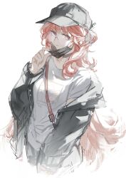 Rule 34 | 1girl, absurdres, arknights, baseball cap, black choker, black hat, black jacket, choker, closed mouth, commentary, glasses, haruka (arknights), hat, highres, jacket, long hair, looking at viewer, nbrush19, open clothes, open jacket, pink eyes, pink hair, shirt, simple background, solo, white background, white shirt