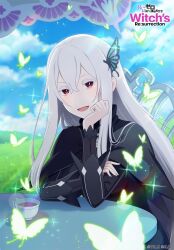 1girl artist_request black_capelet black_dress blue_sky bright_pupils bug butterfly butterfly_hair_ornament capelet chair cloud cloudy_sky colored_eyelashes copyright_name copyright_notice cup day double-parted_bangs dress echidna_(re:zero) glowing_butterfly grasslands green_butterfly hair_between_eyes hair_ornament hand_on_own_chin highres insect light_blush long_hair long_sidelocks looking_at_viewer official_art on_chair open_mouth outdoors pale_skin re:zero_kara_hajimeru_isekai_seikatsu re:zero_kara_hajimeru_isekai_seikatsu_witch&#039;s_re:surrection red_eyes saucer shade sidelocks sitting sky smile solo sunlight table tea_party teacup very_long_hair white_eyelashes white_hair white_pupils witch