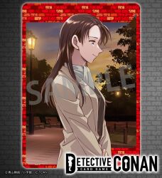 Rule 34 | 1girl, bench, black hair, black shirt, blue eyes, brown coat, card (medium), closed mouth, coat, copyright logo, copyright notice, evening, from side, half-closed eyes, highres, long hair, long sleeves, matsuda suzuri, meitantei conan, miyano akemi, official art, outdoors, park, park bench, sample watermark, scarf, shirt, solo, tree, watermark, white scarf, wooden bench
