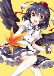 1girl :d bird_wings black_hair black_ribbon black_skirt black_wings collared_shirt female_focus frilled_skirt frills hat hauchiwa highres leaf_fan neck_ribbon nib_pen_(object) notebook open_mouth pen pom_pom_(clothes) puffy_sleeves red_eyes ribbon ruu_(tksymkw) shameimaru_aya shirt short_hair short_sleeves simple_background skirt smile solo tokin_hat touhou white_legwear white_shirt wings yellow_background