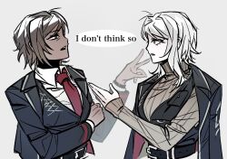 2girls belt black_belt black_coat black_vest brown_sweater coat coat_on_shoulders dark-skinned_female dark_skin faust_(project_moon) highres lapels limbus_company looking_at_another multiple_girls necktie notched_lapels ohzv outis_(project_moon) project_moon red_necktie ribbed_sweater short_hair sidelocks sweater upper_body vest white_hair