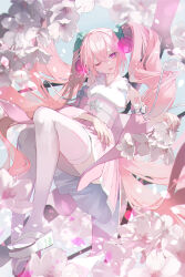1girl absurdres cherry_blossoms commentary_request detached_sleeves full_body hatsune_miku highres japanese_clothes kimono koa_tcbs long_hair looking_at_viewer obi one_eye_closed pink_hair pink_kimono purple_eyes sakura_miku sash sitting smile solo thighhighs twintails very_long_hair vocaloid white_thighhighs
