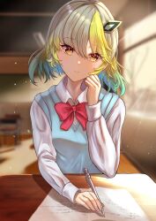 Rule 34 | 1girl, absurdres, against desk, aqua hair, arerex, blue vest, breasts, classroom, closed mouth, colored inner hair, desk, dragon musume ni naritakunai!, duel masters, elbows on table, embarrassed, green hair, hair ornament, hairclip, highres, holding, holding pencil, indoors, long sleeves, looking at viewer, mechanical pencil, multicolored hair, nagareboshi asche, notebook, pencil, red ribbon, ribbon, school desk, school uniform, shirt, solo, sunset, sweater vest, upper body, vest, white shirt, yellow eyes