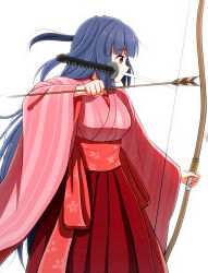 1girl absurdres archery arrow_(projectile) bow_(weapon) from_side highres holding holding_arrow holding_bow_(weapon) holding_weapon ichima_(pixiv_29147205) japanese_clothes kakuriyo_no_mon katana kimono long_hair mouth_hold obi profile purple_hair red_eyes red_kimono red_sash sash solo sword weapon white_background