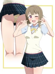 1girl blue_shirt blue_skirt blunt_bangs breasts brown_hair crotch_seam goa1126 highres love_live! love_live!_nijigasaki_high_school_idol_club medium_breasts multiple_views nakasu_kasumi nijigasaki_school_uniform one_eye_closed open_mouth panties pantyshot plaid_clothes plaid_skirt red_eyes ribbon school_uniform shirt short_hair short_sleeves skirt standing summer_uniform sweater_vest underwear yellow_panties yellow_ribbon yellow_sweater_vest