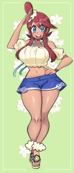 1girl bare_shoulders bikini bikini_under_clothes bikini_under_shorts blue_eyes blue_shorts blush breasts collarbone crop_top denim denim_shorts hair_ornament large_breasts looking_at_viewer midriff missandydandy navel nintendo off-shoulder_shirt off_shoulder official_alternate_costume one_side_up open_mouth pokemon pokemon_masters_ex red_hair shirt shorts sidelocks skyla_(pokemon) skyla_(summer_2025)_(pokemon) smile solo swimsuit teeth