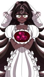 1girl black_forest_cookie bouquet bridal_veil brown_hair cherry cookie_run cookie_run:_kingdom cross-shaped_pupils dark-skinned_female dark_skin dress flower food fruit hair_between_eyes hair_intakes highres holding long_hair looking_at_viewer puffy_short_sleeves puffy_sleeves shadowpastry short_sleeves solo symbol-shaped_pupils veil wedding_dress white_dress white_eyes