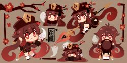 &gt;_&lt; 1girl :q =_= antenna_hair arms_up black_footwear black_headwear black_shirt black_shorts brown_background brown_hair character_name chibi concentrating covering_own_mouth fingersmile flower flower-shaped_pupils forced_smile full_body genshin_impact ghost gradient_hair hat hat_flower heart highres holding holding_polearm holding_unworn_clothes holding_unworn_hat holding_weapon hu_tao_(genshin_impact) jitome long_hair looking_at_viewer lying multicolored_hair multiple_views o/ on_stomach outstretched_arms parted_lips plum_blossoms polearm projecttiger red_eyes shirt shoes shorts sidelocks signature simple_background socks spear staff_of_homa_(genshin_impact) symbol-shaped_pupils t_t tongue tongue_out translated unworn_hat unworn_headwear upper_body weapon white_legwear