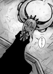 1girl deus_ex_maki-chan dress greyscale highres horns long_hair looking_at_viewer mechanical_horns monochrome nazo_no_diaboro original ringed_eyes rooftop sketch solo staring wide-eyed