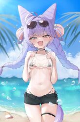 Rule 34 | 1girl, absurdres, ahoge, beach, bikini, black bikini, black shorts, blue eyes, blue sky, blush, braid, breasts, clothes lift, cone hair bun, earrings, eyewear on head, fang, fox tail, gamble 0, hair bun, hair ornament, hair rings, heterochromia, highres, jewelry, lifting own clothes, long hair, mismatched pupils, navel, open fly, pom pom (clothes), pom pom hair ornament, purple hair, purple tail, see-through clothes, see-through shirt, shirt, shirt lift, shorts, side-tie bikini bottom, single earring, skin fang, sky, small breasts, solo, stellive, stomach, straight-on, sunglasses, swimsuit, tail, tenko shibuki, twin braids, virtual youtuber, water drop, yellow eyes