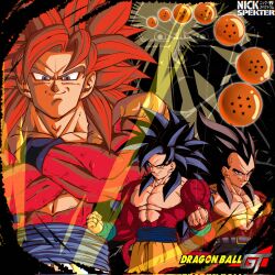 artist_name black_hair blue_eyes body_fur dougi dragon_ball dragon_ball_(object) dragon_ball_gt gloves gogeta highres long_hair male_focus monkey_boy monkey_tail multiple_boys muscular muscular_male nickelespektro pants pectorals red_fur saiyan smile son_goku spiked_hair super_saiyan super_saiyan_4 tail vegeta yellow_pants
