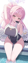 1girl absurdres alternate_costume alternate_hairstyle arm_behind_head arm_up armpits bare_arms bare_shoulders black_one-piece_swimsuit black_scrunchie blue_archive blush closed_mouth covered_navel feathered_wings hair_tie hair_tie_in_mouth highleg highleg_one-piece_swimsuit highres holding holding_hair_tie long_hair looking_at_viewer mika_(blue_archive) mouth_hold one-piece_swimsuit partially_submerged pipi_ya ponytail pool scrunchie sidelocks sitting smile solo sweatdrop swimsuit tying_hair wings yellow_eyes