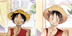 1boy anime_screenshot black_hair commentary eating emase_(foxmoon) hat holding holding_spoon indoors male_focus monkey_d._luffy one_piece red_shirt scar scar_on_face shirt short_hair sleeveless solo spoon straw_hat symbol-only_commentary twitter_username upper_body