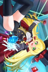 4kimizuki black_cloak black_hat black_jacket black_leotard black_thighhighs blonde_hair boots bow bowtie cane cloak commentary_request commission flower gem gloves green_eyes grey_vest hat jacket leotard leotard_under_clothes long_hair multicolored_cloak open_mouth original outstretched_arm phantom_thief phantom_thief_(kkmomo67) red_bow red_bowtie red_cloak rose shirt skeb_commission thigh_boots thighhighs thighs top_hat two-sided_cloak two-sided_fabric two-tone_cloak upside-down vest white_gloves white_shirt