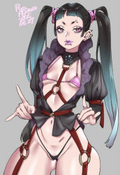 Rule 34 | 1girl, agawa ryou, artist name, bad link, barbell piercing, bikini, black hair, blue hair, blunt bangs, breasts, chest harness, cowboy shot, dated, ear piercing, earrings, eyebrow piercing, eyeshadow, face piercing, gradient hair, grey background, grey eyeshadow, harness, jewelry, labret piercing, lifting own clothes, long hair, looking at viewer, makeup, micro bikini, mouth piercing, multicolored hair, navel, no pants, original, piercing, pink bikini, puffy sleeves, purple lips, red eyes, short bangs, short eyebrows, signature, simple background, small breasts, snakebite (piercing), solo, stud earrings, swimsuit, thick eyebrows, twintails