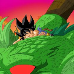 Rule 34 | black hair, dragon ball, dragon ball gt, dragon ball legends, flying, happy, official art, red eyes, resting, shenron (dragon ball), smile, son goku, tail, torn clothes