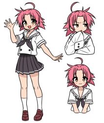 Rule 34 | 1girl, 64vii, :3, black neckerchief, black skirt, blush, brown shoes, disdain, happy, highres, kogami akira, lucky star, multiple expressions, neckerchief, pink hair, pleated skirt, school uniform, shoes, short hair, skirt, smile, socks, very long sleeves, waving, white background, white socks, yellow eyes