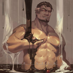1boy abs bara breasts character_request check_character cherry chocolate chocolate_on_body chocolate_on_pectorals colored_sclera dark-skinned_male dark_skin facial_hair food food_on_body fruit goatee grabbing_own_breast hand_up large_pectorals looking_at_viewer luerstine male_focus mature_male multicolored_hair muscular muscular_male naked_chocolate nipples nude overwatch overwatch_1 pectoral_lift pectorals reaper_(overwatch) red_sclera seductive_smile short_hair sideburns smile solo stomach two-tone_hair white_chocolate