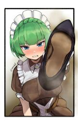 1girl absurdres blue_eyes blush clenched_teeth green_hair highres last_origin looking_at_viewer maid medium_hair namukot pov shoes single_shoe teeth unworn_shoes vanilla_(last_origin)