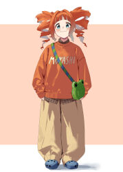 Rule 34 | 1girl, absurdres, alternate costume, bag, baggy pants, blunt bangs, blush, casual, crocs, drill, full body, hair intakes, hands in pockets, highres, idolmaster, idolmaster (classic), idolmaster million live!, kimi (hearty yuuki), layered clothes, light smile, long sleeves, looking at viewer, orange background, orange hair, orange shirt, outside border, oversized clothes, pants, plaid clothes, plaid shirt, shirt, shoulder bag, sidelocks, simple background, solo, standing, sweater, takatsuki yayoi, tareme, twintails