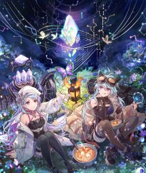 2girls :p ahoge archer_(dungeon_&amp;_fighter) archer_(dungeon_and_fighter) bare_shoulders belt belt_collar blue_hair breasts bug butterfly collar constellation crystal csyday dungeon_and_fighter eyewear_on_head fire flower food grin hat highres holding holding_spoon insect jacket jewelry medium_breasts multicolored_hair multiple_girls muse_(dungeon_and_fighter) musical_note on_grass pink_eyes ring shoes smile sneakers soup soup_ladle spoon streaked_hair thighhighs tongue tongue_out torn_clothes torn_thighhighs traveler_(dungeon_and_fighter) vacuum_tube white_jacket