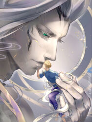 2boys blonde_hair closed_eyes cloud_strife colored_eyelashes commentary english_commentary eyelashes final_fantasy final_fantasy_vii green_eyes highres holding holding_mini_person jeriafterdark long_hair looking_at_another male_focus mini_person miniboy multiple_boys safer_sephiroth sephiroth short_hair size_difference spiked_hair twitter_username yaoi