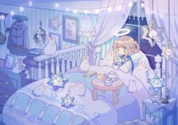 1girl :&lt; angel angel_wings bed bedroom blue_eyes book book_stack brown_hair candle clothes_hanger coat commentary cup curtains drawer from_above frown hair_rings halo hanging_light herb_bundle holding holding_cup indoors lamp light_bulb long_sleeves mug night nightstand original pastel_colors picture_frame rabbit sad sailor_collar scenery school_uniform serafuku short_hair sidelocks signature sitting sorata123 star_(symbol) sugar_bowl tassel tea_set teapot tearing_up traditional_halo under_covers unworn_coat upper_body wallpaper_(object) wide_shot window wings