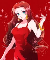 1girl blue_eyes brown_hair dress earrings eyelashes highres indisk_irio jewelry long_hair looking_at_viewer mario_(series) nintendo parted_lips pauline_(mario) red_background red_dress red_nails sleeveless sleeveless_dress solo super_mario_odyssey twitter_username