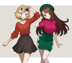 2girls aged_up blonde_hair blush breasts brown_eyes brown_hair closed_mouth dress eyelashes eyewear_on_head gloria_(pokemon) hat highres holding long_hair long_sleeves looking_at_viewer muis0802 multiple_girls nintendo open_mouth pink_dress pokemon pokemon_swsh pokemon_xy serena_(pokemon) shirt short_hair skirt smile sunglasses