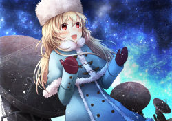 Rule 34 | 1girl, bad id, bad pixiv id, blonde hair, blue capelet, blue coat, blue moment, blue sky, capelet, coat, dutch angle, female focus, floating hair, gloves, hair between eyes, hat, long hair, mittens, original, outdoors, radio telescope, red eyes, red gloves, sky, solo, standing, star (sky), starry sky, white hat, winter clothes, winter coat
