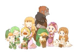 3boys 4girls bird blonde_hair blue_eyes boots brown_boots brown_hair chicken closed_eyes commentary_request crying cucco dress dual_persona flower ganondorf gerudo gloves green_hair green_hat hand_on_another&#039;s_head hands_on_another&#039;s_shoulders hat holding holding_flower holding_instrument instrument kokiri link long_hair malon mido_(zelda) multiple_boys multiple_girls music nintendo ocarina orange_hair pink_dress playing_instrument pointy_ears princess_zelda red_hair revision saria_(zelda) shunrai sitting tears the_legend_of_zelda the_legend_of_zelda:_ocarina_of_time time_paradox young_link young_zelda