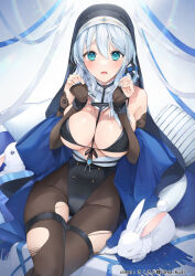 bikini blue_ribbon blush bound bound_arms breasts cuffs green_eyes hu_kotora huge_breasts leotard nun original pantyhose rabbit ribbon swimsuit thigh_strap white_hair