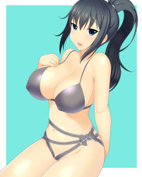 10s 1girl alternate_hairstyle bare_shoulders bikini black_hair blue_background blue_eyes breasts cleavage female_focus high_ponytail huge_breasts ikaruga_(senran_kagura) kyoku_tou long_hair ponytail senran_kagura solo swimsuit