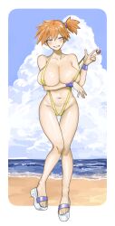 1girl alternate_breast_size areola_slip asymmetrical_hair bare_legs bare_shoulders barefoot beach bikini blue_eyes blue_sky blush breasts cleavage cloud creatures_(company) curvy day feet female_focus game_freak gen_1_pokemon grin gym_leader highres huge_breasts large_breasts legs looking_at_viewer misty_(pokemon) navel nintendo nipples ocean one-piece_swimsuit orange_hair outdoors pokemon pokemon_(anime) pokemon_(classic_anime) pokemon_rgby ponytail pulling_own_clothes sand sandals shiny_skin shoes short_hair side_ponytail sky slingshot_swimsuit smile solo standing strap_pull swimsuit thick_thighs thigh_gap thighs wardrobe_malfunction water wide_hips wristband yuthon