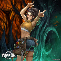 1girl arm_tattoo ass back_tattoo belt bottle brown_hair bug butterfly butterfly_tattoo can capcom denim denim_shorts devil_may_cry_(series) devil_may_cry_5 glasses hinata_gureko insect leg_tattoo nico_(devil_may_cry) official_art screwdriver shorts smile tattoo teppen tools tramp_stamp utility_belt wrench