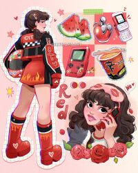 1girl artist_name black_jacket boots brown_hair cellphone chopsticks clothing_cutout cup_ramen flip_phone flower food fruit game_boy glove_cutout gloves handheld_game_console heart_cutout helmet highres holding holding_helmet holding_phone jacket long_hair luztapiaart motorcycle_helmet multicolored_jacket multiple_views nokia_(company) original phone red_boots red_flower red_gloves red_jacket red_rose red_skirt rose skirt two-tone_jacket unworn_headwear unworn_helmet watermark watermelon watermelon_slice