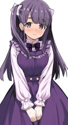 Rule 34 | 1girl, blush, bow, breasts, chofu noriko, commentary request, dress, embarrassed, hair ribbon, highres, ikizulive! love live! bluebird, large breasts, long hair, long sleeves, looking at viewer, love live!, nervous sweating, purple bow, purple dress, purple eyes, purple hair, ribbon, shirt, solo, sweat, twintails, white background, white shirt, yakkom