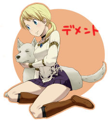 1girl blonde_hair blouse blue_eyes boots brooch choker demento dog fiona_belli green_eyes headpat hewie jewelry miniskirt ponytail shirt sitting skirt smile