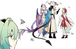 2boys 2girls anaxa_(honkai:_star_rail) aqua_hair back castorice_(honkai:_star_rail) dragon_boy dragon_girl highres honkai:_star_rail honkai_(series) hyacine_(honkai:_star_rail) multiple_boys multiple_girls phainon_(honkai:_star_rail) pink_hair purple_hair simple_background suinian0708 white_background white_hair wings