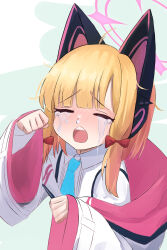 1girl absurdres animal_ear_hairband animal_ear_headphones animal_ears aqua_background blonde_hair blue_archive blue_necktie blunt_bangs blush bow cat_ear_headphones clenched_hands closed_eyes collared_shirt commentary crying facing_viewer fake_animal_ears fujiwara_haru_(nekonote) furrowed_brow hair_bow hairband halo headphones highres jacket medium_hair momoi_(blue_archive) necktie nose_blush open_mouth pink_halo red_bow sad school_uniform shirt sidelocks simple_background sleeves_past_wrists snot solo straight_hair streaming_tears tears teeth upper_body upper_teeth_only white_jacket white_shirt wide_sleeves
