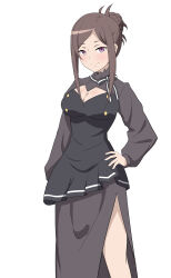 Rule 34 | 1girl, absurdres, black bow, black bowtie, black dress, bow, bowtie, breasts, brown hair, cleavage, dorothy (princess principal), dress, hair bun, hand on own hip, highres, hotori (sharo pan), long hair, long sleeves, looking at viewer, medium breasts, princess principal, purple eyes, smile, solo