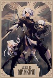 1boy 2b_(nier:automata) 2girls 9s_(nier:automata) a2_(nier:automata) black_boots black_dress blindfold boots commentary dress english_commentary english_text facing_viewer highres long_hair multiple_girls nier:automata nier_(series) photoshop_(medium) renareve sheath short_hair standing sword thigh_boots weapon white_hair