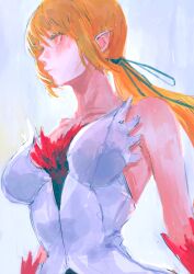 Rule 34 | 1girl, bare shoulders, blonde hair, closed mouth, dress, expressionless, grey background, hair ribbon, highres, kiss-shot acerola-orion heart-under-blade, long hair, looking ahead, low ponytail, monogatari (series), oshino shinobu, pointy ears, ponytail, ribbon, solo, strapless, strapless dress, taki (a313131333), upper body, white dress, yellow eyes