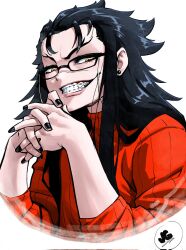 Rule 34 | 1girl, black-framed eyewear, black hair, black nails, braces, glasses, grin, highres, initial, jgeorgedrawz, long hair, looking at viewer, orange eyes, original, red sweater, ribbed sweater, smile, solo, sweater, teeth, upper body