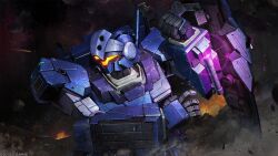 absurdres assault_visor asteroid company_name copyright_notice debris dust_cloud gundam gundam_battle_operation_2 gundam_unicorn highres jesta machinery mecha mecha_focus missile_pod mobile_suit no_humans official_art painting_(medium) radio_antenna realistic robot scan science_fiction shield solo space sunrise_(company) tenjin_hidetaka traditional_media yellow_visor