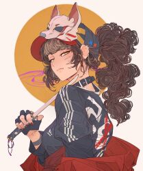 1girl baseball_cap belt_collar bracelet breasts brown_hair brown_nails closed_mouth clothes_pull collar commentary dagger ear_piercing earrings elliemaplefox eyelashes facial_scar fingerless_gloves fox_mask from_side gloves grey_collar grey_gloves grey_hat grey_jacket hat highres holding holding_dagger holding_knife holding_weapon jacket jewelry knife lips long_hair looking_at_viewer looking_back mask mask_on_head medium_breasts orange_eyes original piercing ponytail red_jacket scar scar_on_cheek scar_on_face simple_background solo stud_earrings symbol-only_commentary weapon white_background yellow_circle