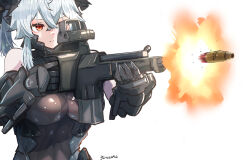 1girl absurdres aiming android artist_name assault_rifle bare_shoulders black_bodysuit bodysuit breasts cleavage closed_mouth crossed_bangs firing grey_hair gun hair_between_eyes headgear highres holding holding_gun holding_weapon large_breasts long_hair m004_(natsukaze_shigure) mecha_musume natsukaze_shigure orange_eyes original ponytail red_eyes rifle see-through_cleavage see-through_clothes simple_background skin_tight solo upper_body weapon white_background white_hair