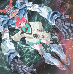 1girl absurdres amate_yuzuriha black_boots black_necktie boots commentary full_body gquuuuuux green_eyes green_shirt green_skirt grey_sweater group_picture gundam gundam_gquuuuuux haro highres level-00 long_sleeves mecha miniskirt mobile_suit necktie open_mouth pleated_skirt red_hair red_necktie robot science_fiction shirt skirt striped_necktie sweater two-tone_necktie v-fin
